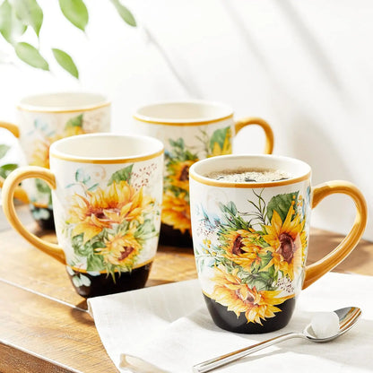 Gold Handles, Sunflower Ceramic Mugs, Set of 4, 18 oz