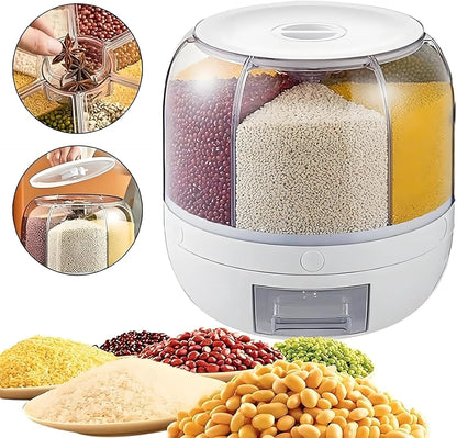 Rotating Grain Storage Container, 6-Compartment, One-Touch, Moisture-Proof