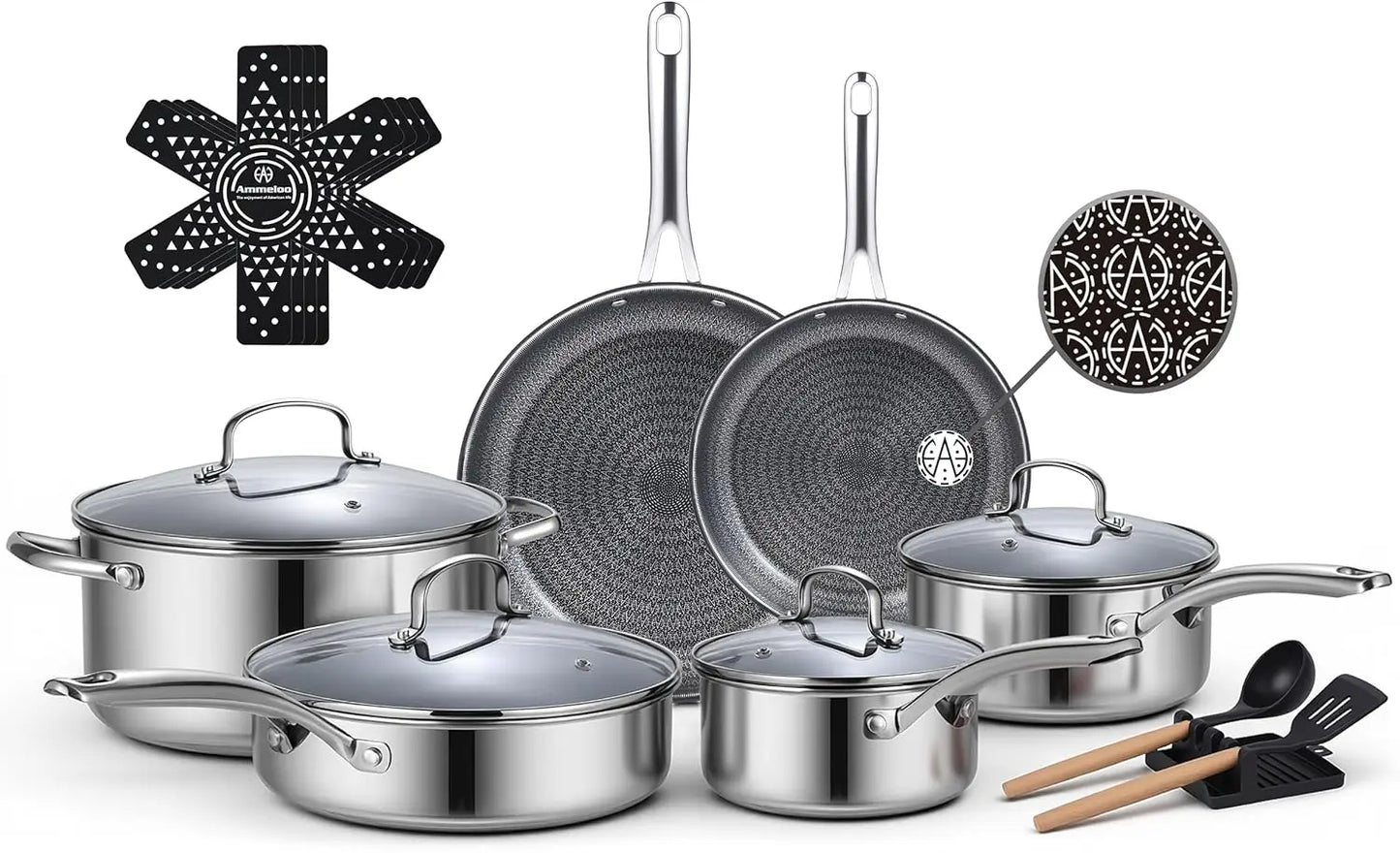 17-Piece Nonstick Stainless Steel Cookware Set, Hybrid Ceramic Coating