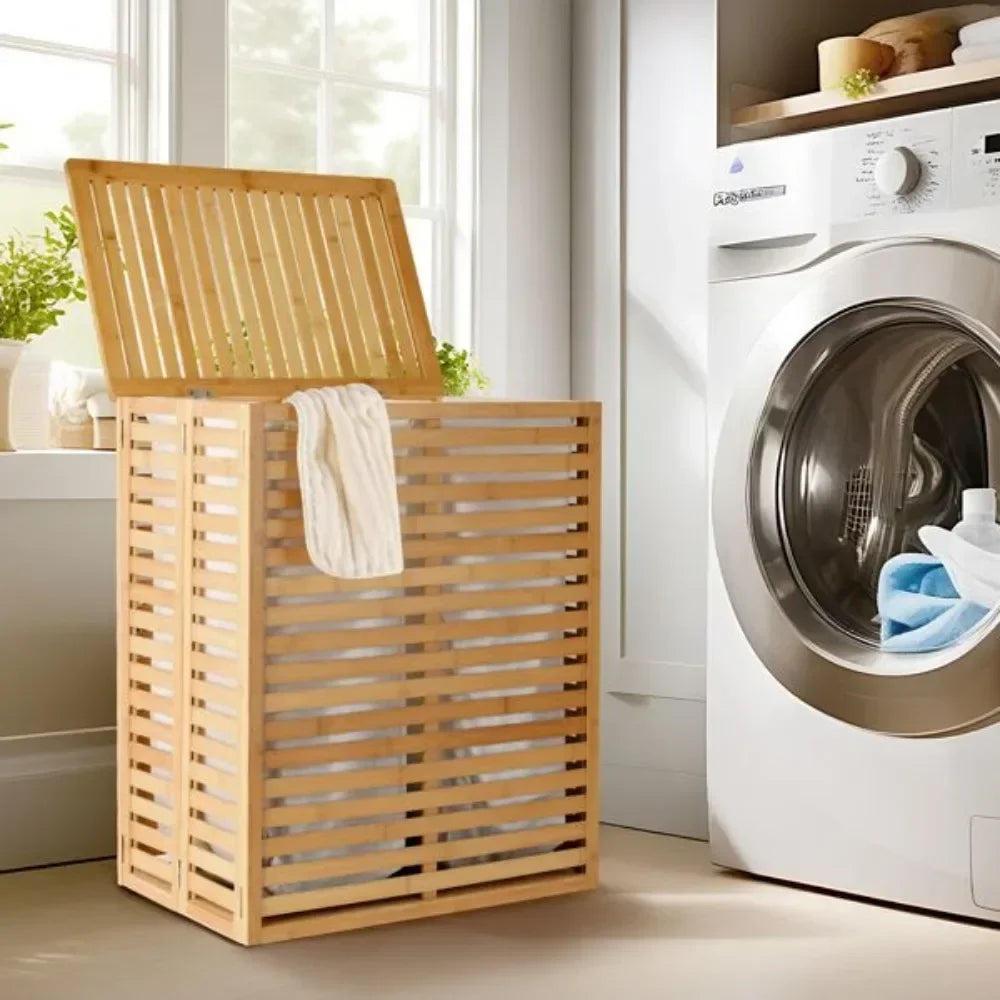 Foldable Bamboo Laundry Basket with Lid