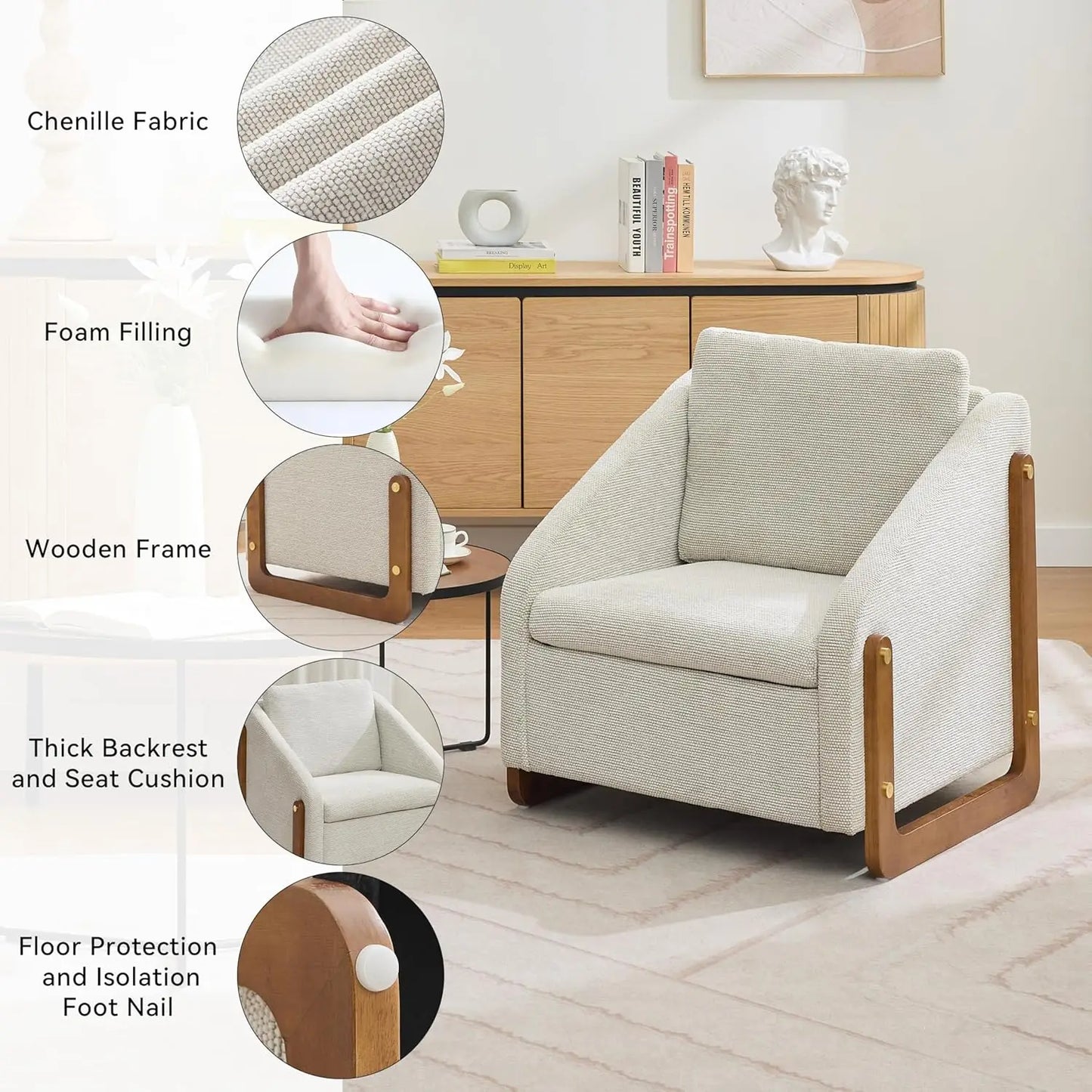 Chenille Fabric Chair w/ Wooden Side Frame, Comfortable Lounge