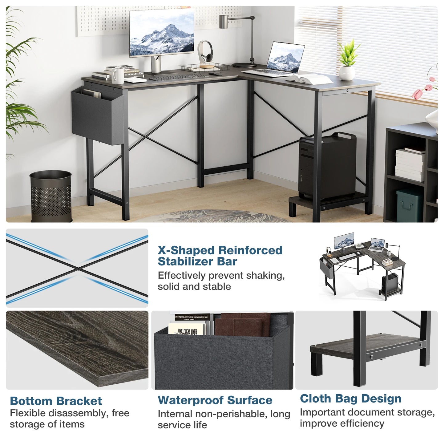 50" Corner Wooden Table with CPU Storage Shelf & Side Bag