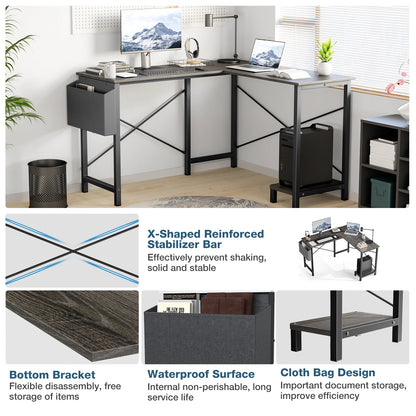 50" Corner Wooden Table with CPU Storage Shelf & Side Bag
