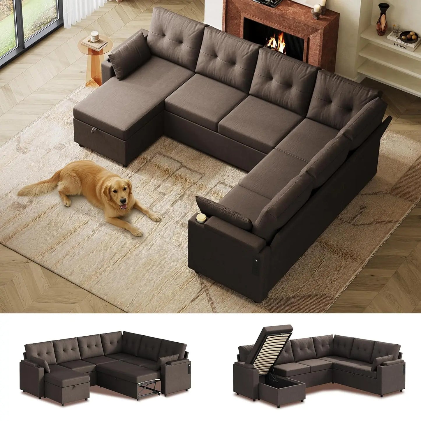 110'' Sectional Pull Out Couch, U Shape 7 Seat Sleeper Sofa w/Storage