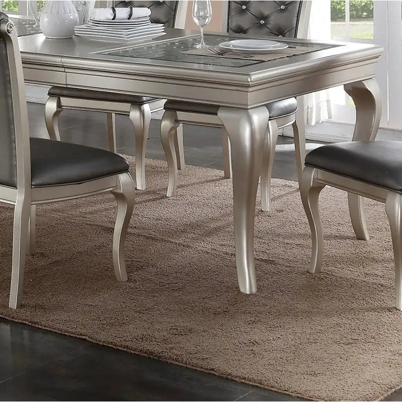 7pc Rect. Glass Dining Table, Silver Hue, 6 Tufted Side Chairs
