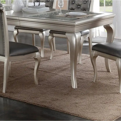 7pc Rect. Glass Dining Table, Silver Hue, 6 Tufted Side Chairs