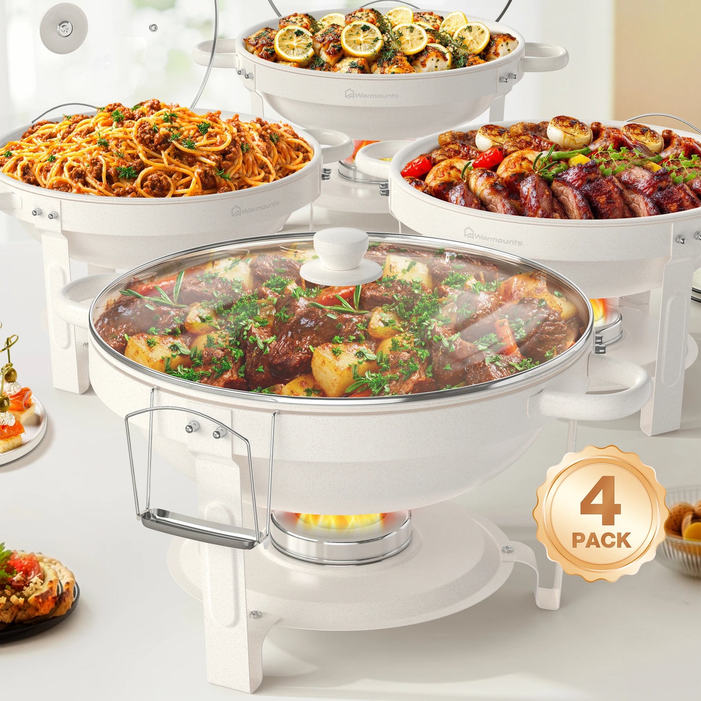 2/4Pack 5QT Round Chafing Dishes, Buffet Set w/Glass Lid
