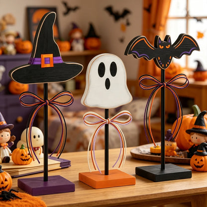 Halloween 3pc Assorted Ornaments Set, Wooden Tabletop, Witch Hat, Ghost, Bat with Ribbon