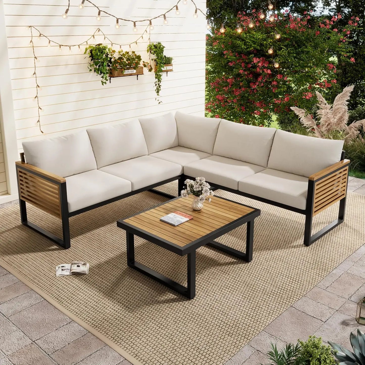 4 pc Acacia Wood Outdoor Sectional Slatted Sofa Set w/Cushions