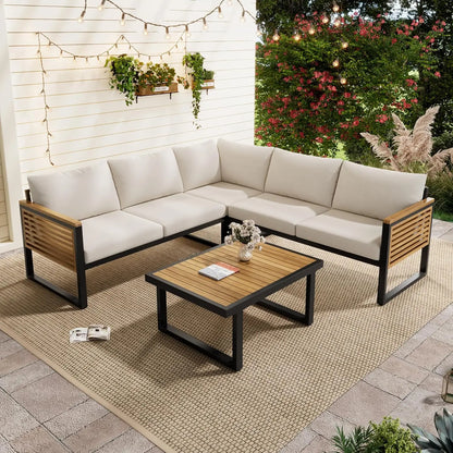 4 pc Acacia Wood Outdoor Sectional Slatted Sofa Set w/Cushions