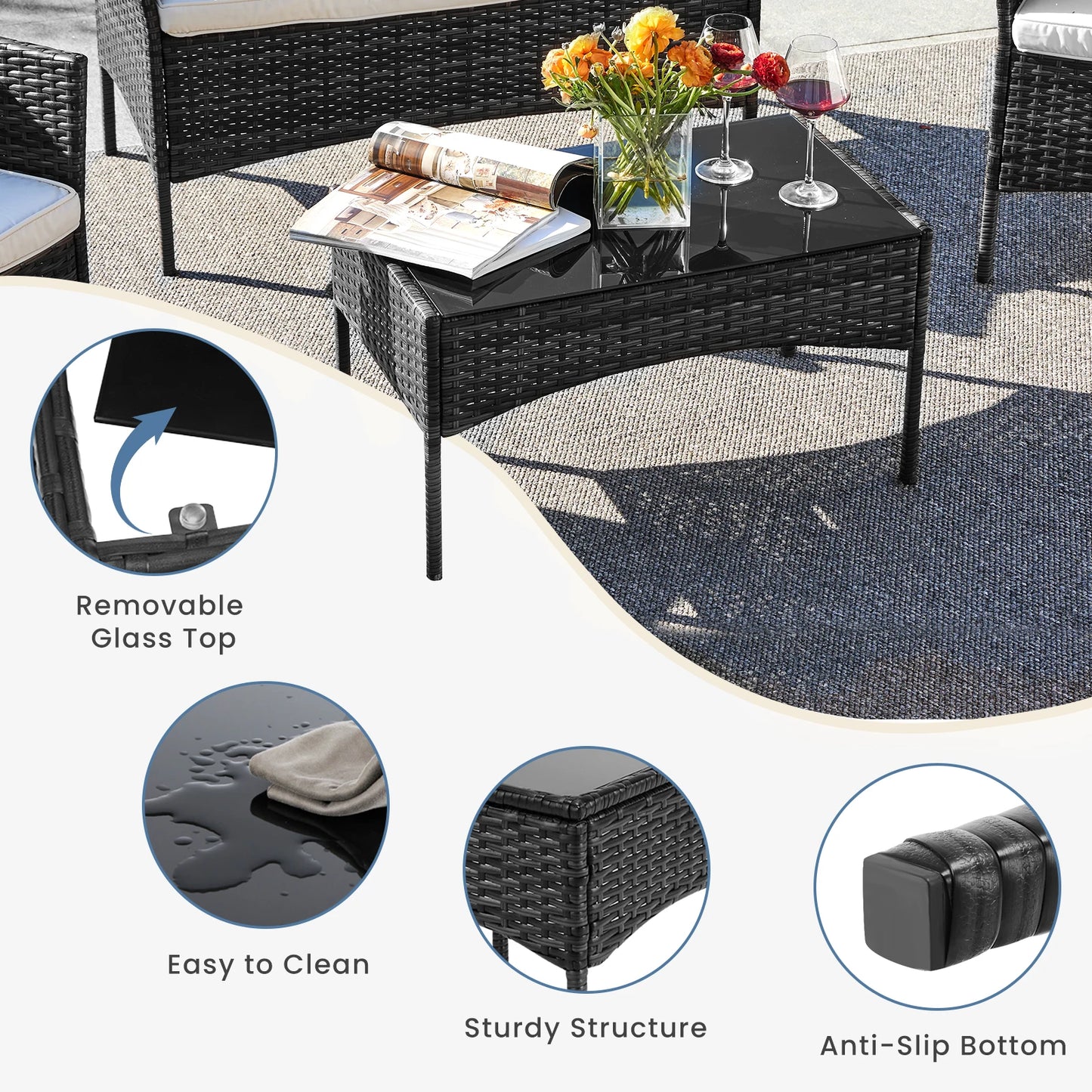 4pc Outdoor Wicker Furniture Set w/Soft Cushion and Glass Table