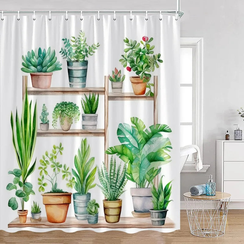 Cute Greenery Print Shower Curtain with Hooks