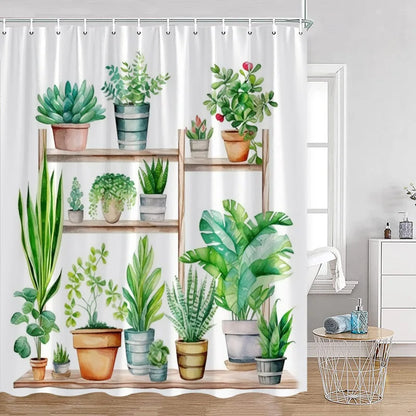 Cute Greenery Print Shower Curtain with Hooks