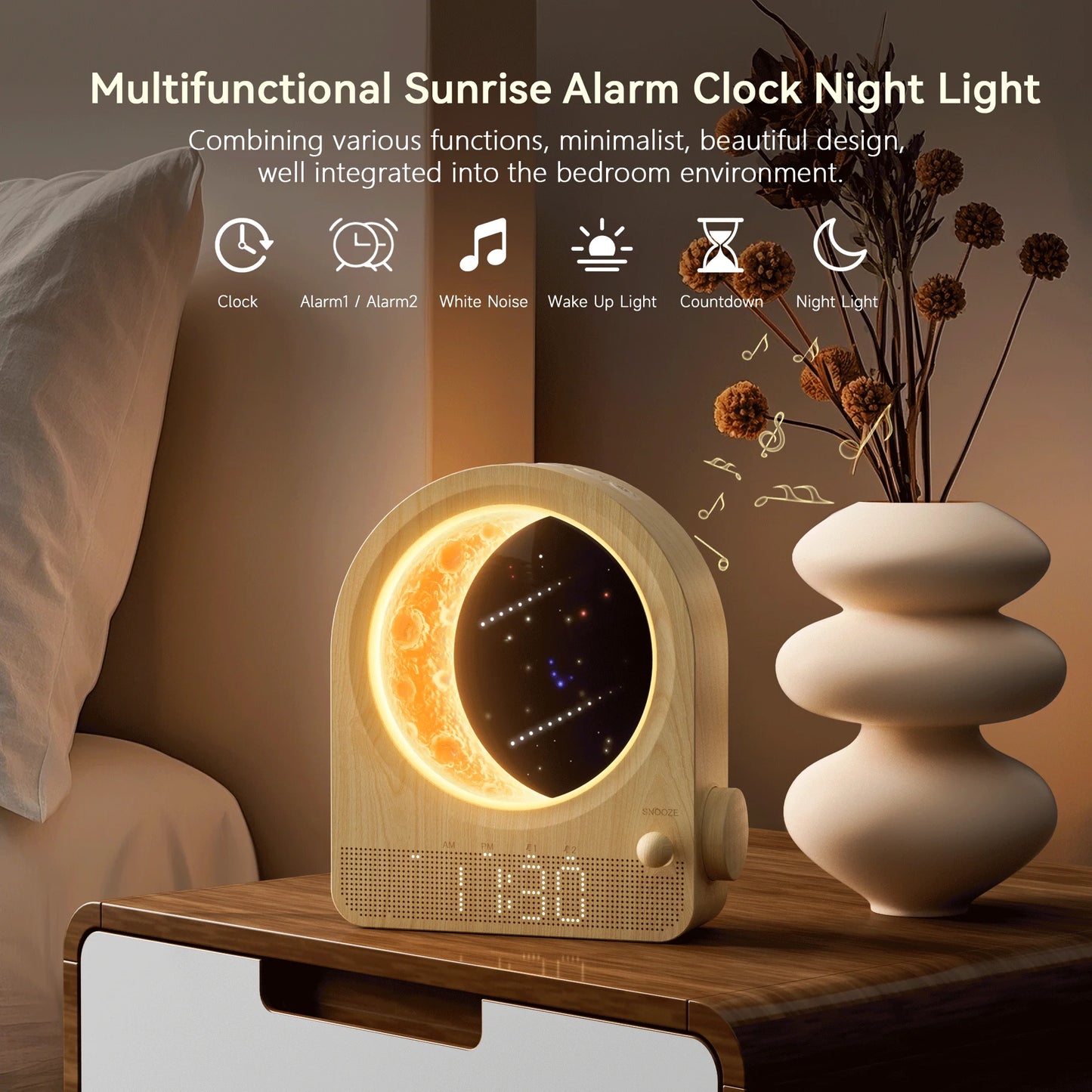 Sunrise Alarm Clocks for Bedrooms, Stepless Dimmable Moon Lamp Dual Alarm Clock