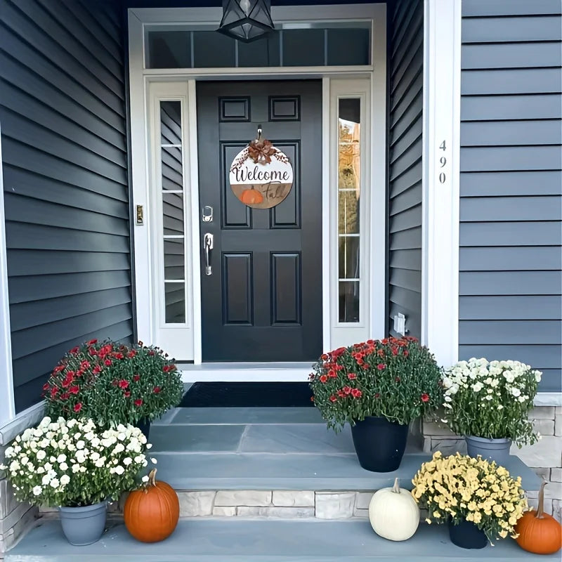 Autumn Pumpkin Round Wooden Front Door Decor with Bow