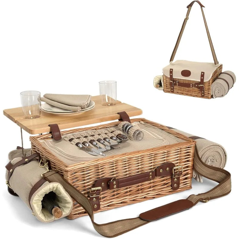 Multi-use Insulated Wicker Picnic Basket for 2 w/Blanket, Table