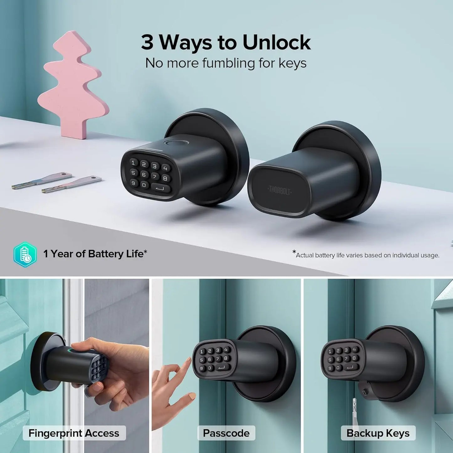 Keyless, Fingerprint Doorknob with Keypad, Auto-Lock