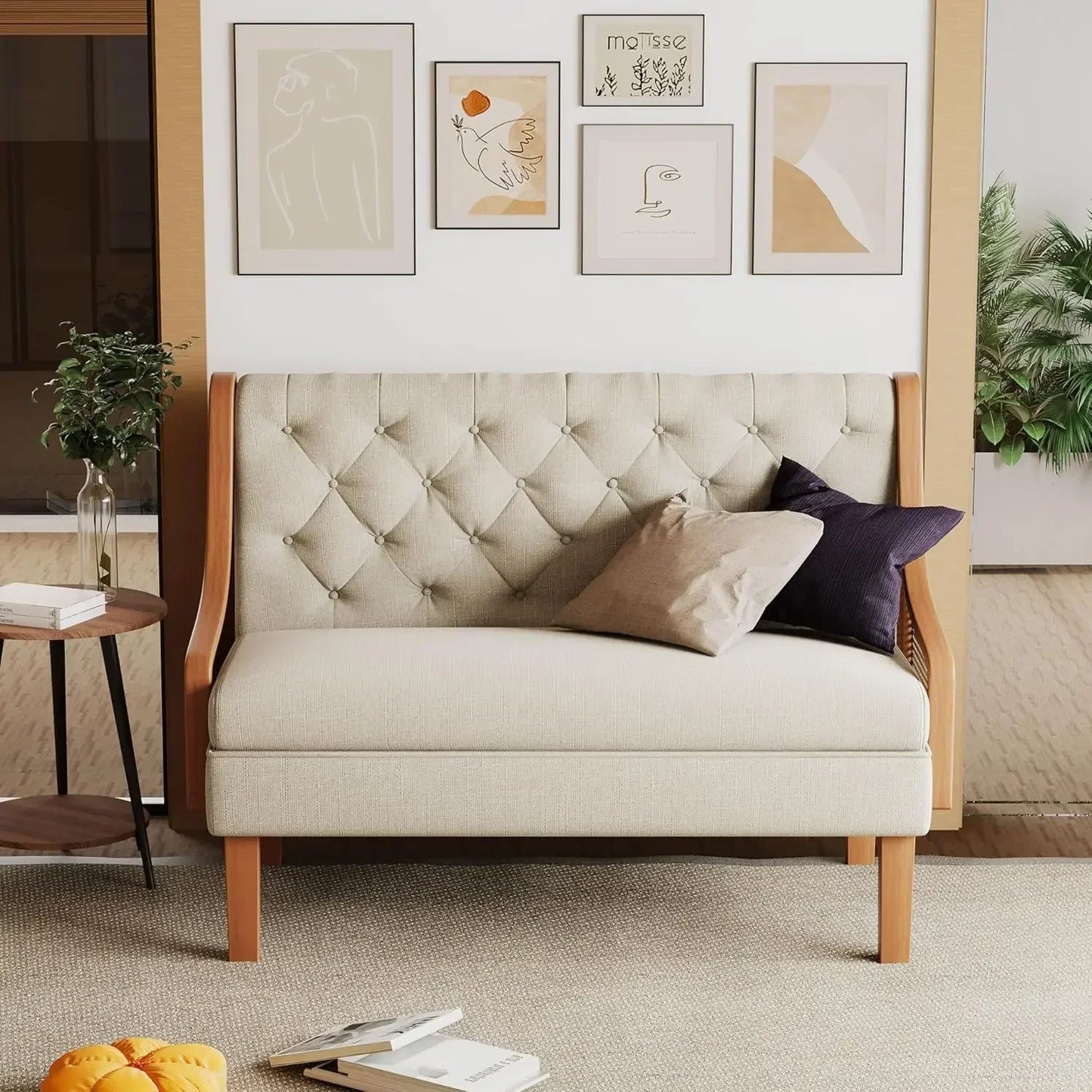 Modern Upholstered Loveseat with Natural Rattan Arms