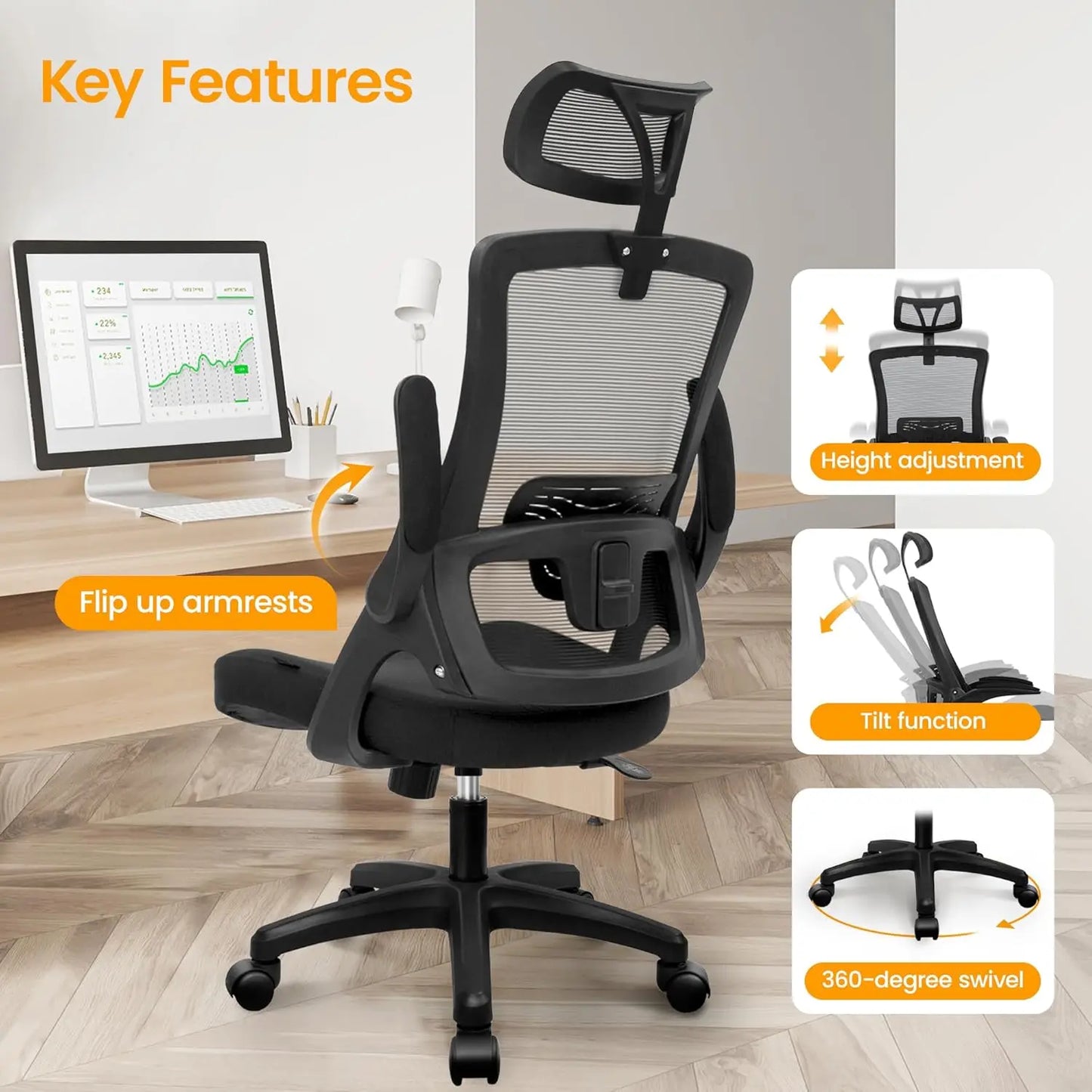 Ergonomic Chair w/High Back, Adjustable Arms, Lumbar Support,