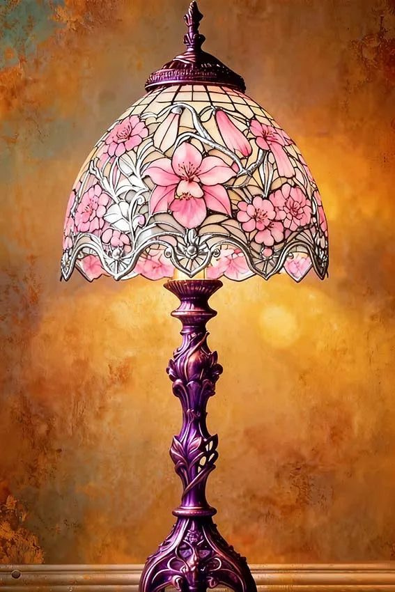 Elegant Floral Glass Table Lamp, Metal Sign Warm Beige