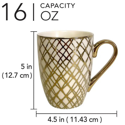 6pc Porcelain Coffee Mug Set, Gold Plated Finish,