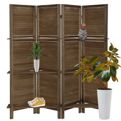 5'.6" Brown 4 Panel Folding Room Divider w/Display Shelves