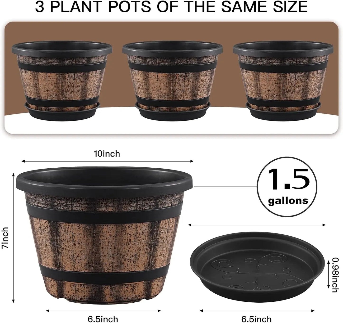 3pk, 10' Whiskey Barrel Planters w/Drainage Holes and Saucers,