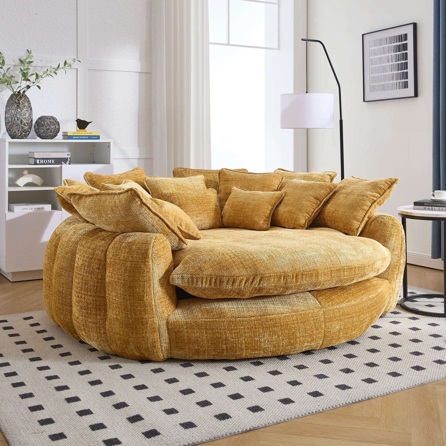 81.1" Oversized Round Chaise Lounge Chair with 14 Pillows, Modern Chenille