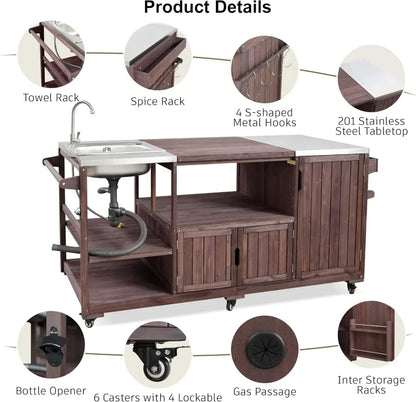 75.4" Outdoor Stainless Top Kitchen Island w/Sink, Rolling BBQ Cart