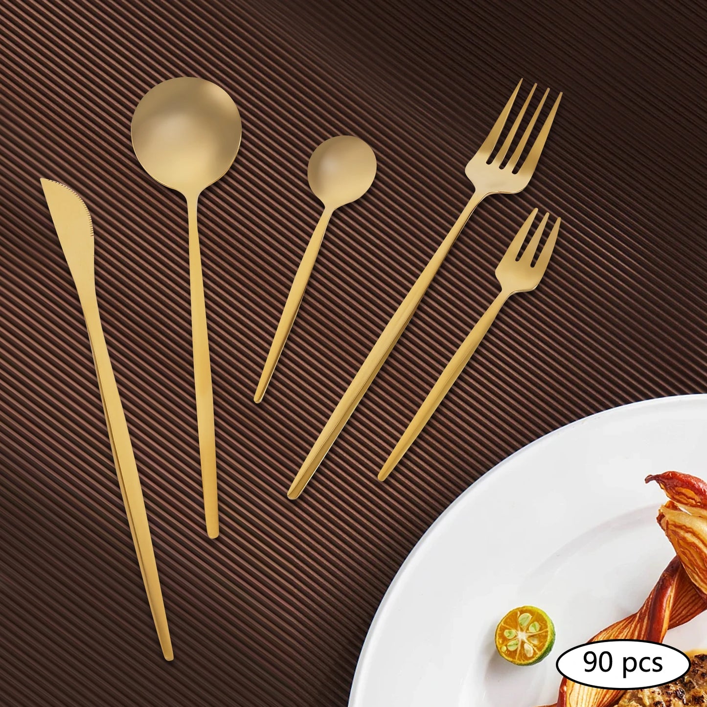 90pc Gold 420 Stainless Steel Silverware - Heavy Duty Cutlery