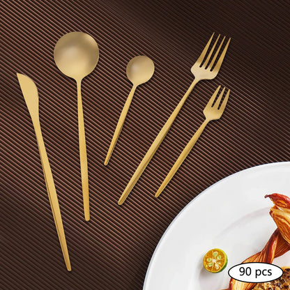 90pc Gold 420 Stainless Steel Silverware - Heavy Duty Cutlery