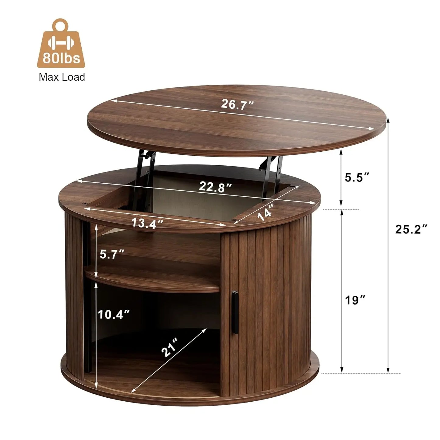 Fluted Round Lift Top Coffee Table w/Hidden Storage, Shelves