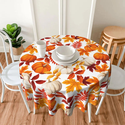 Round Fall Thanksgiving Pumpkin Maple Leaf Print Tablecloth, 2-sizes