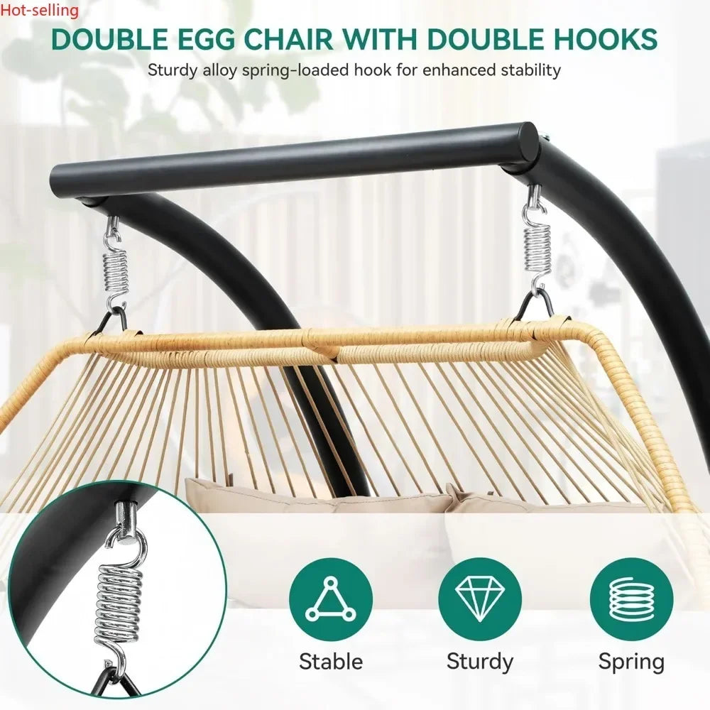 2 Person Hanging Wicker Egg Swing Chair with Stand
