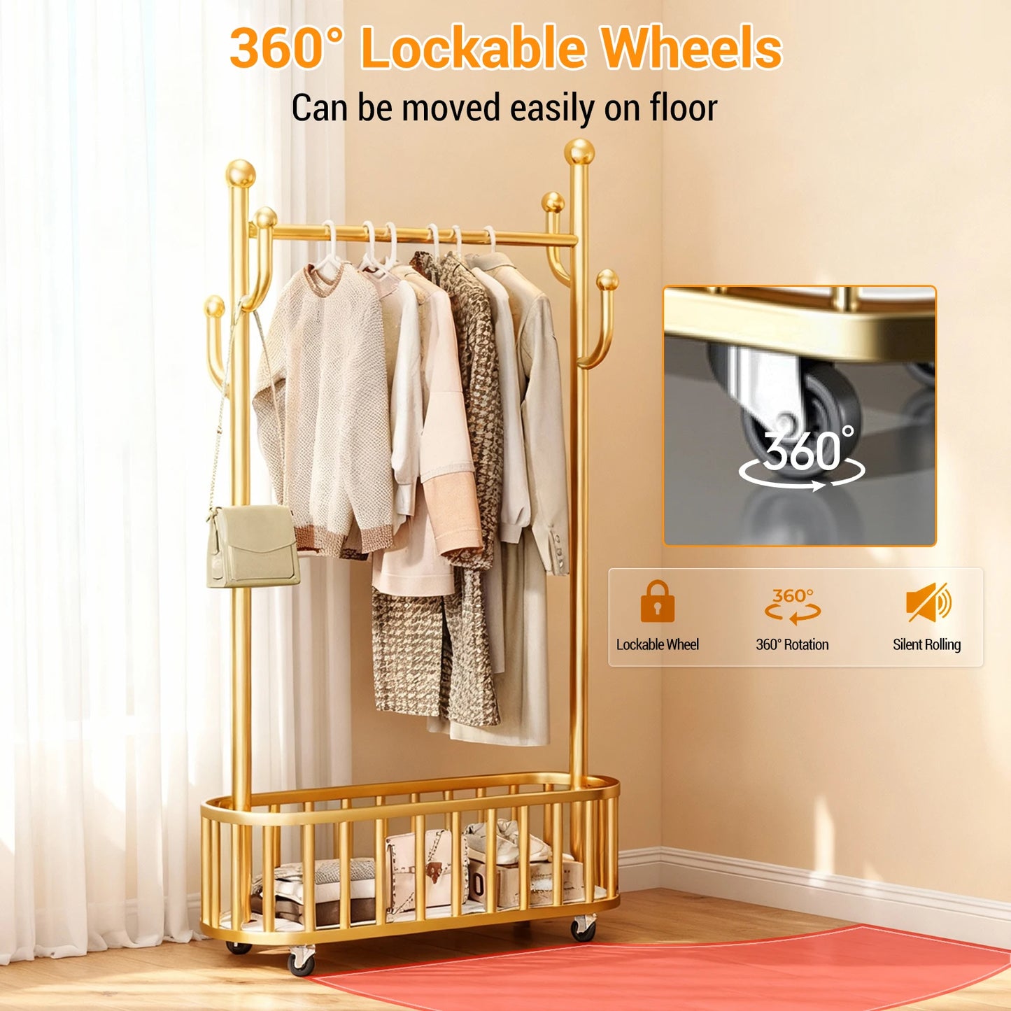 Movable Clothes Rail, Hanging Coat Rack with Storage Basket