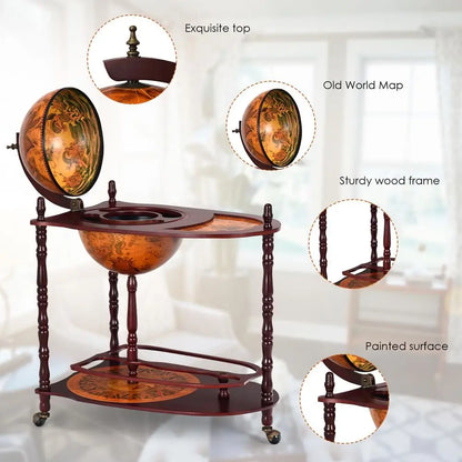 34.5" H, Wine Globe Bar Stand, Wood with Wheels,