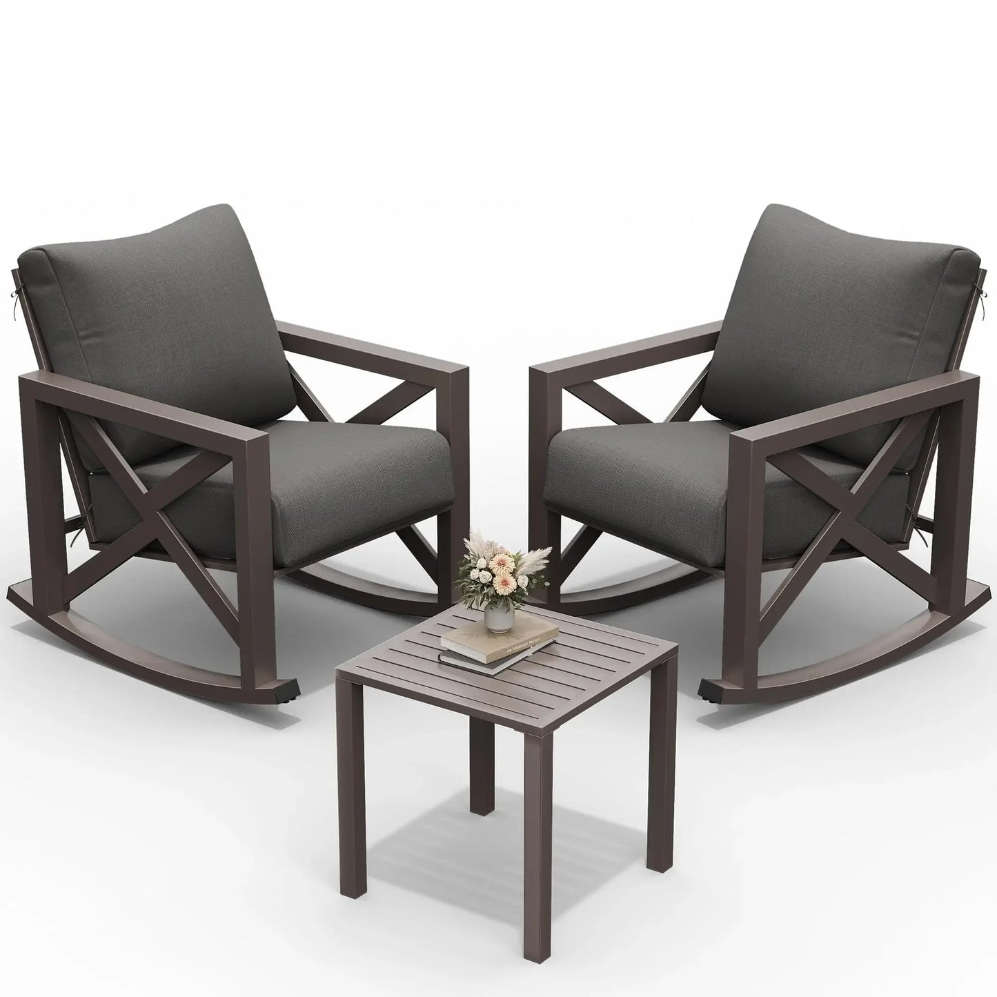 2 Outdoor Rocking Chair Set w/Table and 6.5" Water-Resistant Cushions