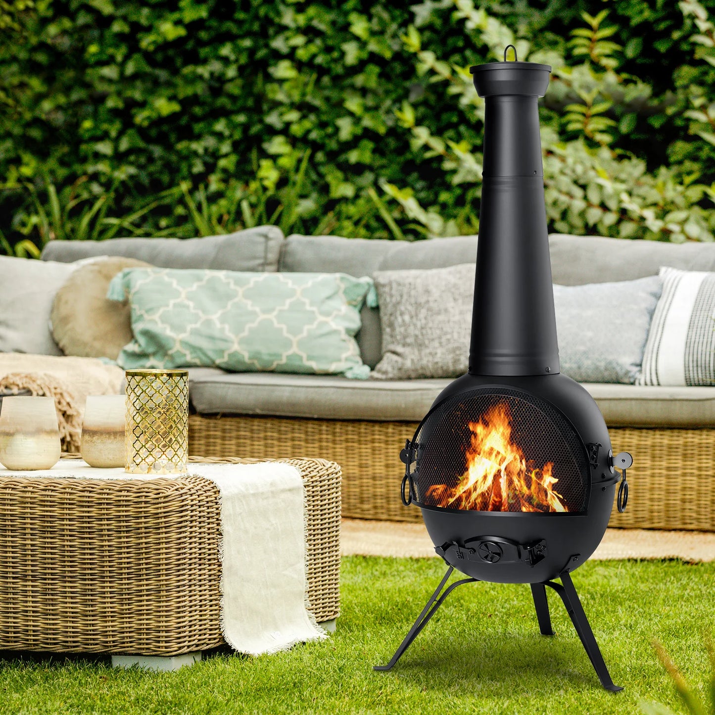 Outdoor Chiminea Fireplace, Rust-Free Iron Black