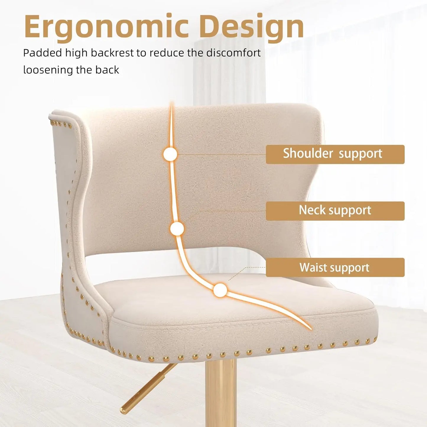 Set (2) Velvet Upholstered, Adjustable, Swivel, Curved Back Barstool