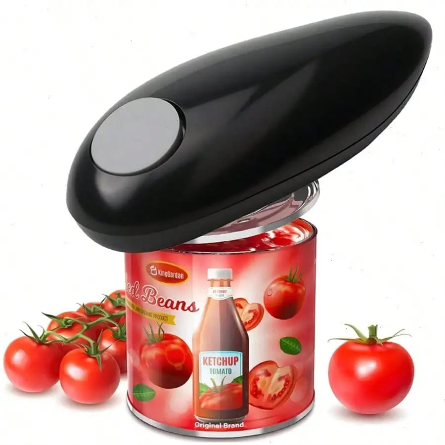 One-Touch Automatic Electric Can Opener, battery-powered and portable. It features one-touch operation with smooth safe edge, no sharp burrs. This practical kitchen tool easily opens various cans, jars and bottles for daily h