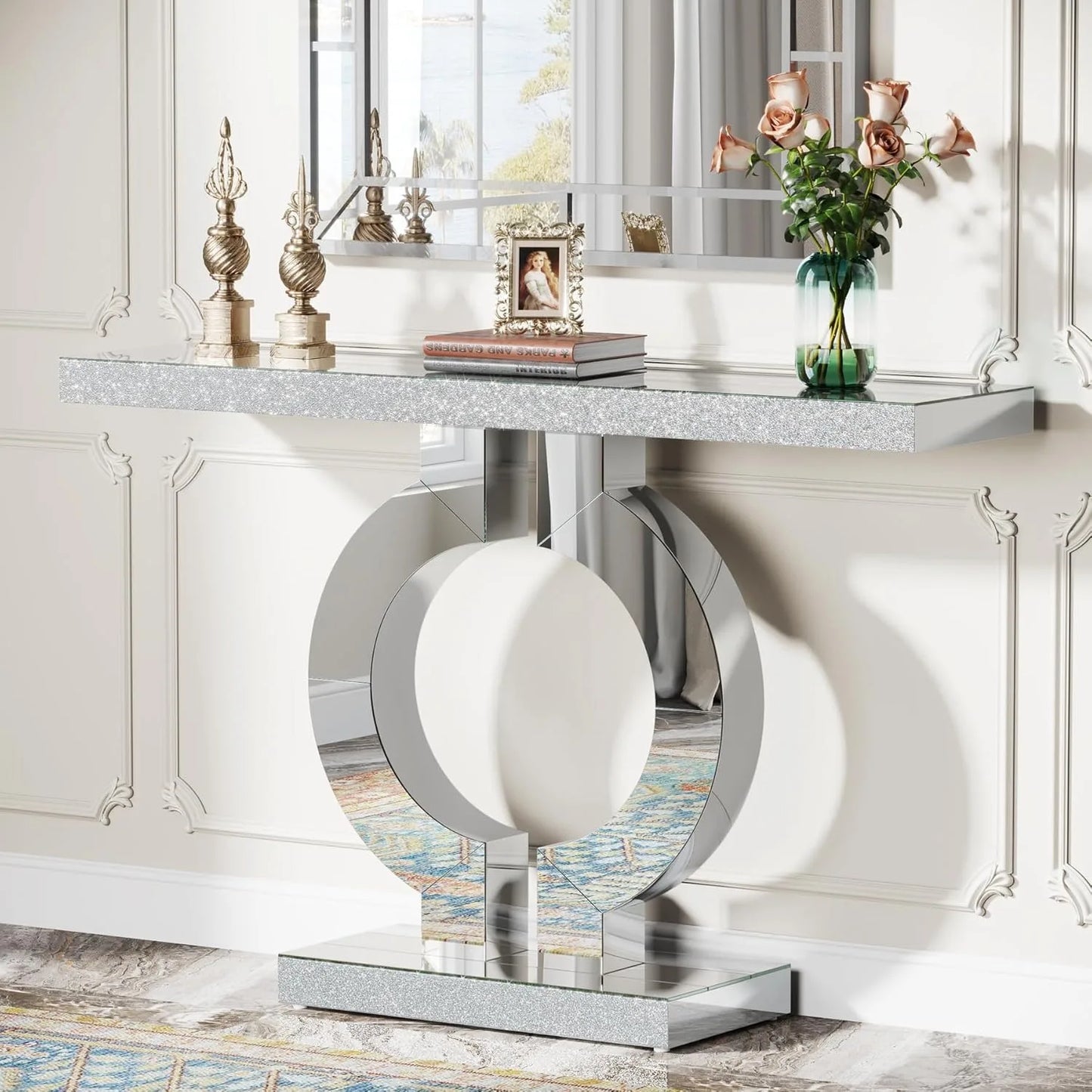 Mirrored Console Table with O-Shaped Base, Rectangle Accent Table