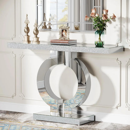 Mirrored Console Table with O-Shaped Base, Rectangle Accent Table