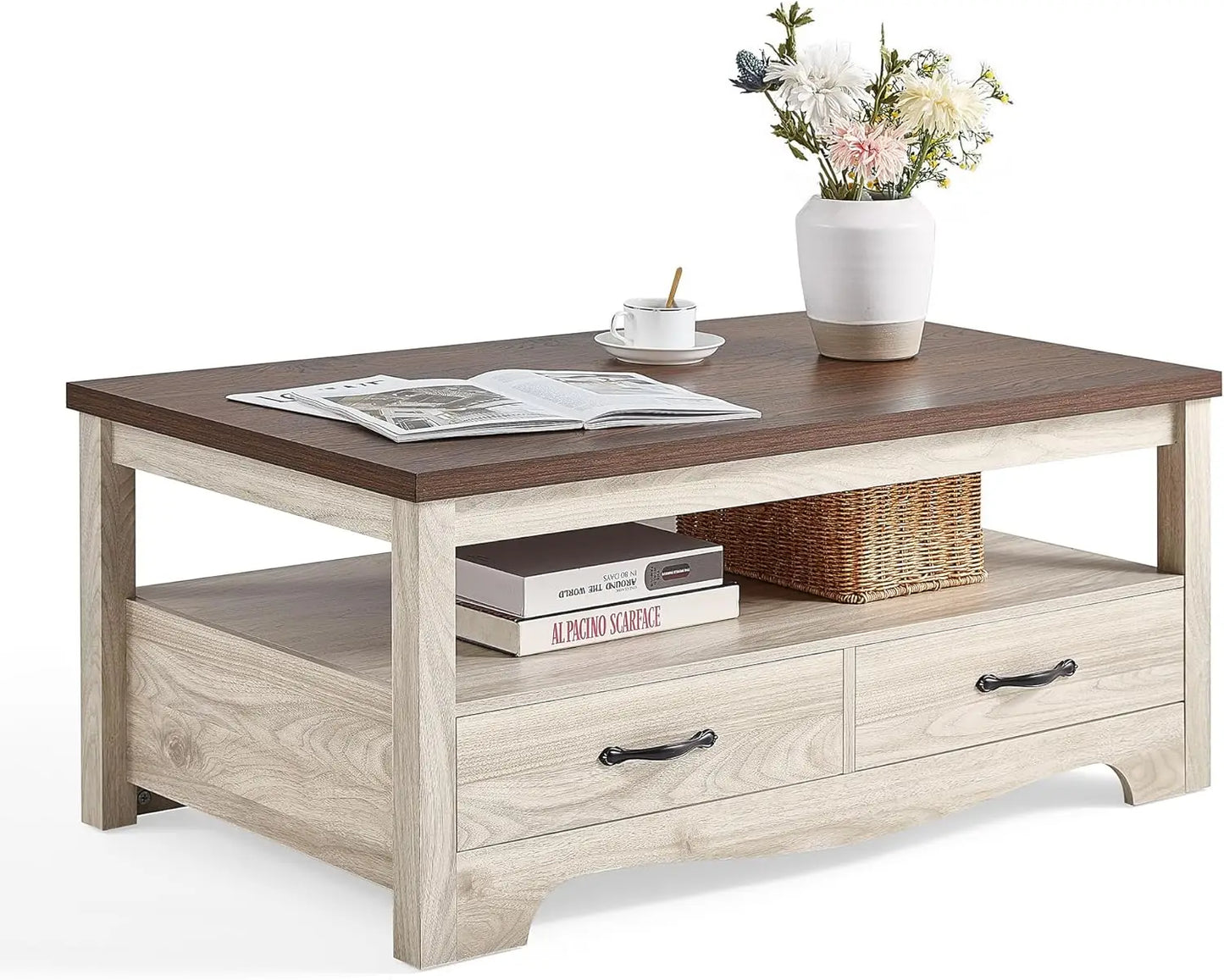 Farmhouse Coffee Table with Storage, Drawers