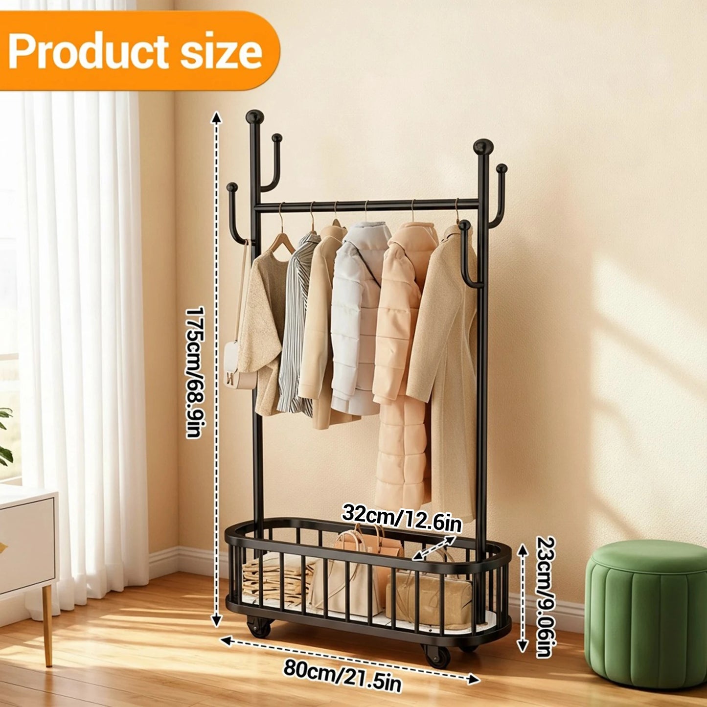 Movable Clothes Rail, Hanging Coat Rack with Storage Basket