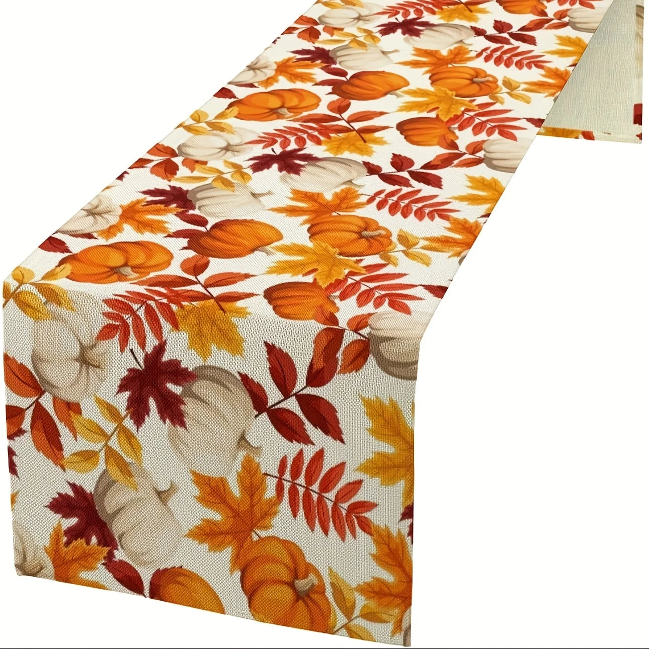 1pc (2 sizes) Autumn Table Runner, Thanksgiving Orange Brown and Yellow Fall Leaves White Pumpkins