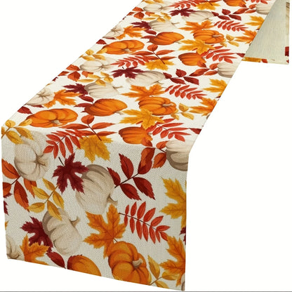 1pc (2 sizes) Autumn Table Runner, Thanksgiving Orange Brown and Yellow Fall Leaves White Pumpkins