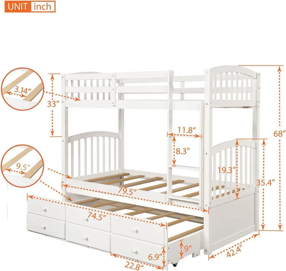 Twin Over Twin Bunk Bed with Trundle, 3 Drawers, Safety Rail, Ladder - Convertible to 3 Beds, White