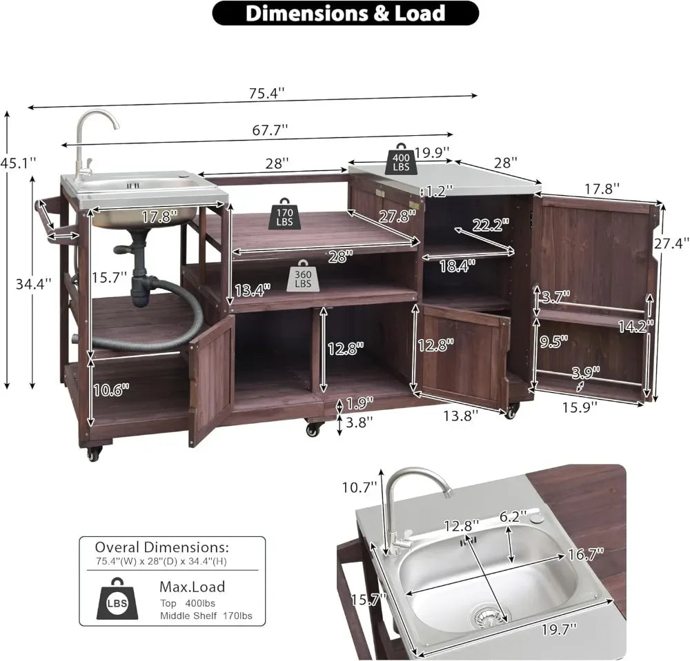 75.4" Outdoor Stainless Top Kitchen Island w/Sink, Rolling BBQ Cart