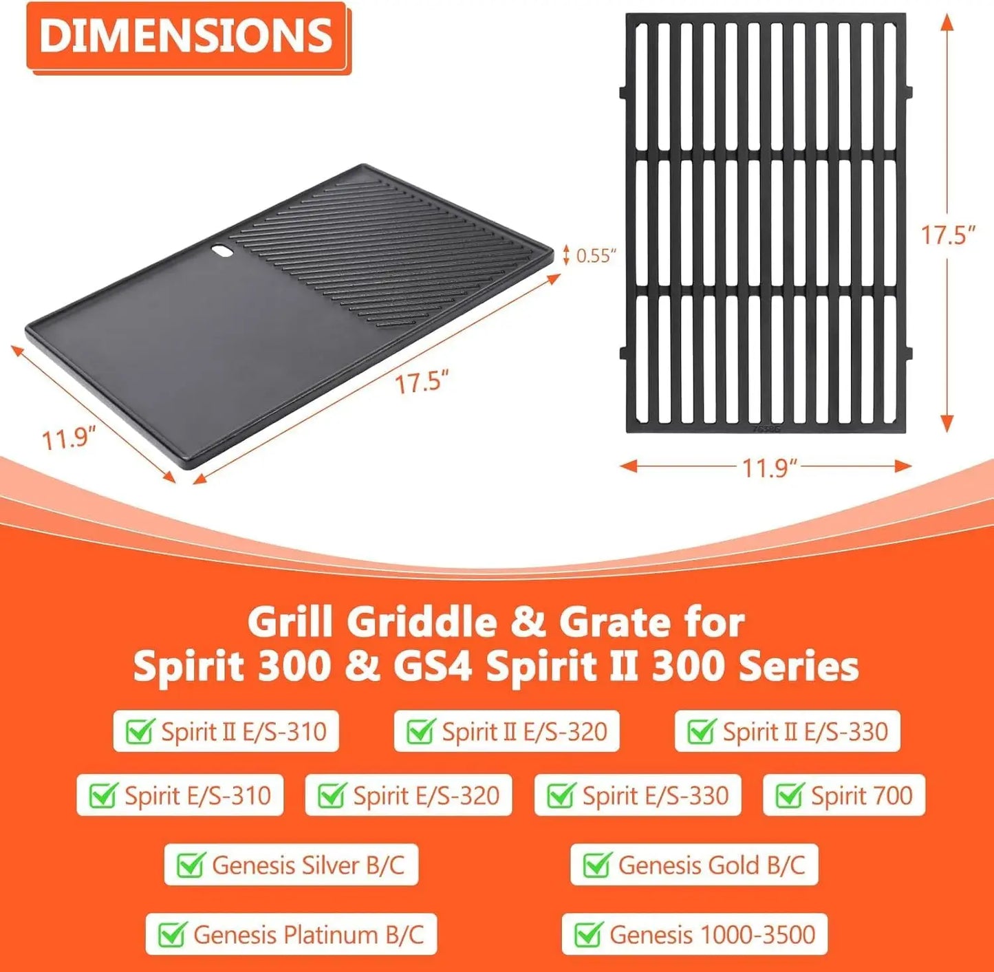 Reversible Cast Iron Grill Griddle & Grate Set for 300 Series Grills