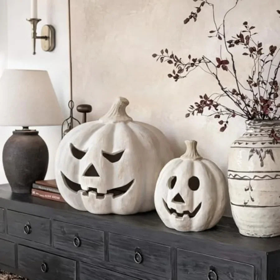 7.5"H White Handmade Terracotta Pumpkin Jack O' Lantern w/Artisan Finish